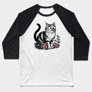 Black and White Cat with Soft Pink Roses Baseball T-Shirt