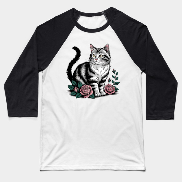 Black and White Cat with Soft Pink Roses Baseball T-Shirt by BirdsnStuff