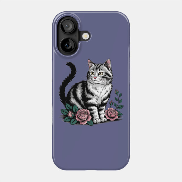 Black and White Cat with Soft Pink Roses Phone Case by BirdsnStuff