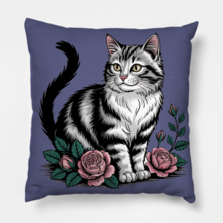 Black and White Cat with Soft Pink Roses Pillow