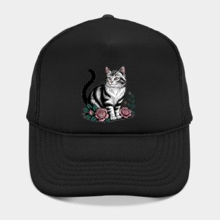 Black and White Cat with Soft Pink Roses Hat