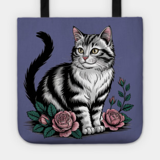 Black and White Cat with Soft Pink Roses Tote