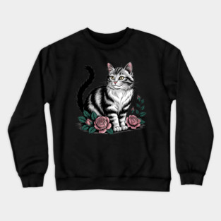 Black and White Cat with Soft Pink Roses Crewneck Sweatshirt