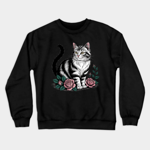 Black and White Cat with Soft Pink Roses Crewneck Sweatshirt by BirdsnStuff