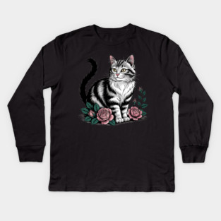 Black and White Cat with Soft Pink Roses Kids Long Sleeve T-Shirt