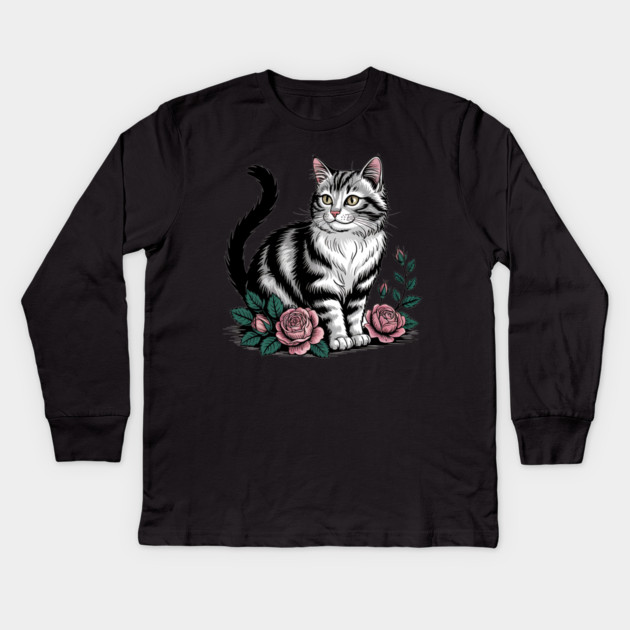 Black and White Cat with Soft Pink Roses Kids Long Sleeve T-Shirt by BirdsnStuff