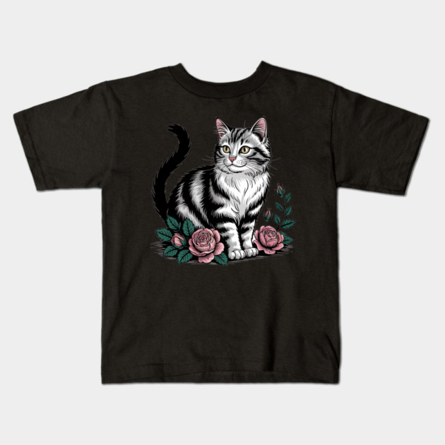 Black and White Cat with Soft Pink Roses Kids T-Shirt by BirdsnStuff