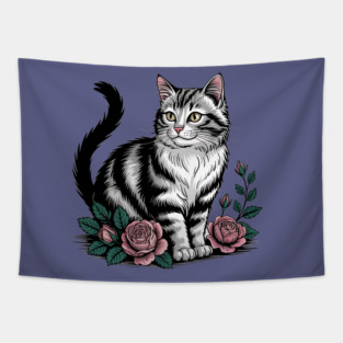 Black and White Cat with Soft Pink Roses Tapestry