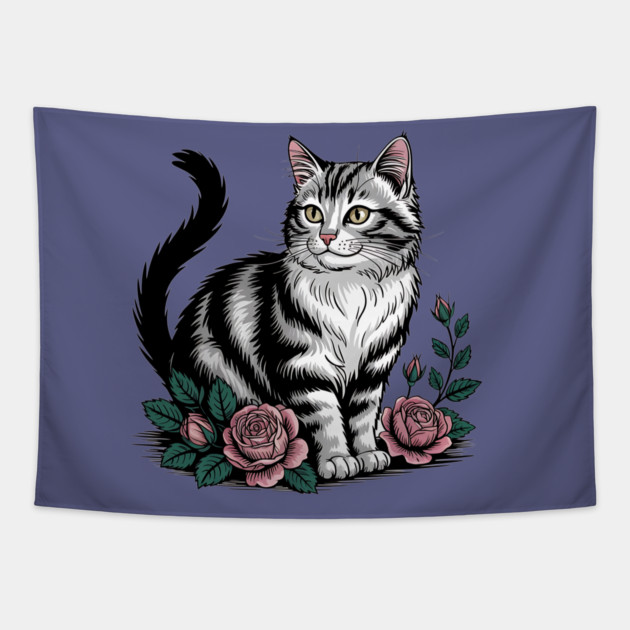 Black and White Cat with Soft Pink Roses Tapestry by BirdsnStuff