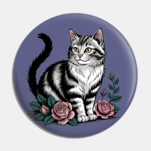 Black and White Cat with Soft Pink Roses Pin