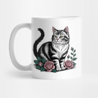 Black and White Cat with Soft Pink Roses Mug