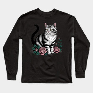 Black and White Cat with Soft Pink Roses Long Sleeve T-Shirt