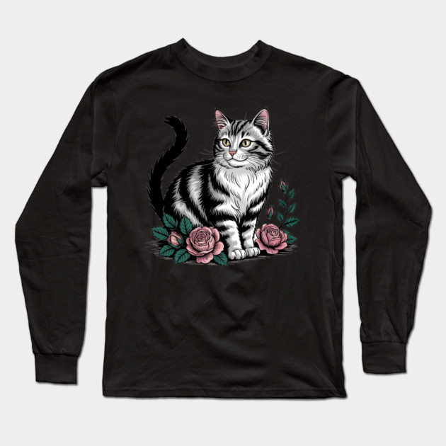 Black and White Cat with Soft Pink Roses Long Sleeve T-Shirt by BirdsnStuff