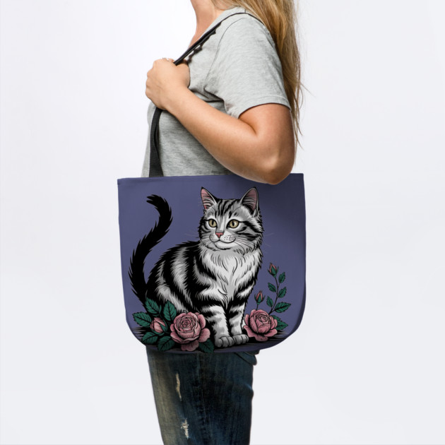 Black and White Cat with Soft Pink Roses by BirdsnStuff