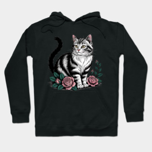 Black and White Cat with Soft Pink Roses Hoodie