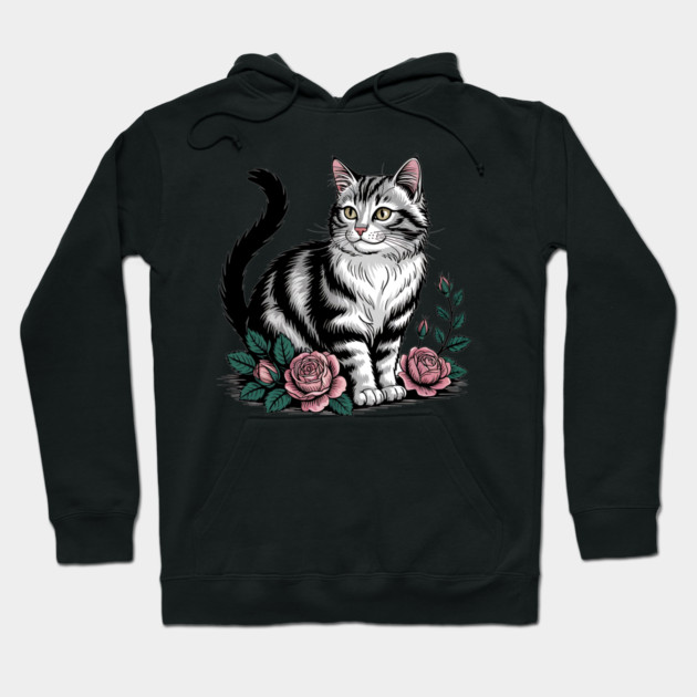Black and White Cat with Soft Pink Roses Hoodie by BirdsnStuff
