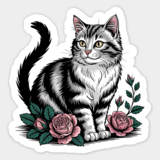 Black and White Cat with Soft Pink Roses Sticker