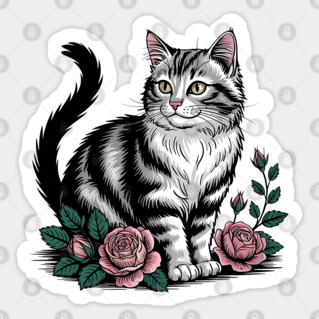 Black and White Cat with Soft Pink Roses Sticker by BirdsnStuff