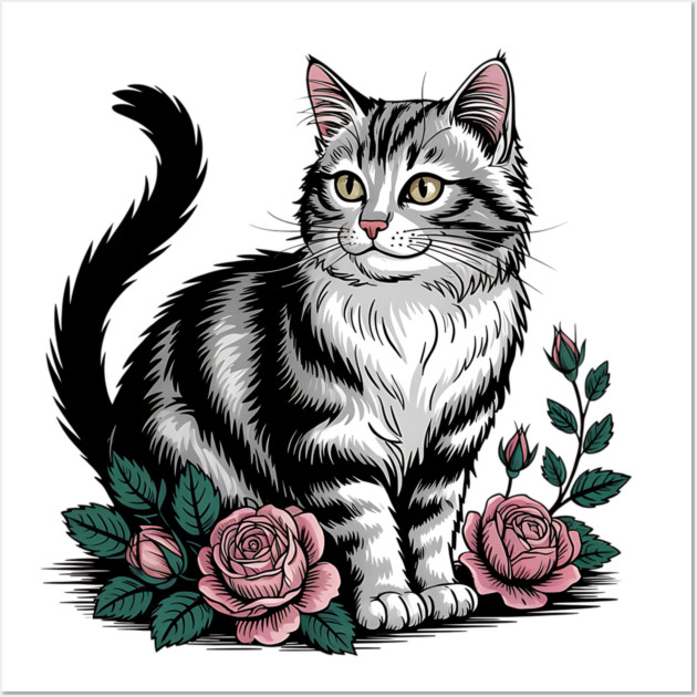 Black and White Cat with Soft Pink Roses Wall Art by BirdsnStuff