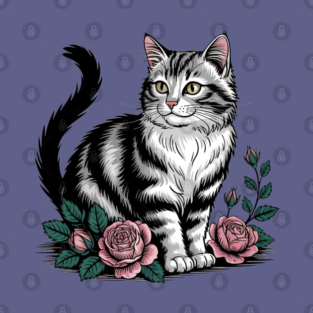Black and White Cat with Soft Pink Roses by BirdsnStuff