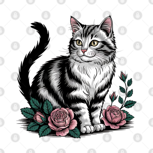 Black and White Cat with Soft Pink Roses by BirdsnStuff