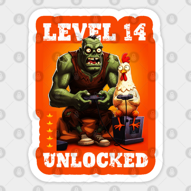 Level 14 Unlocked, Birthday - Zombie And Chicken #2 Sticker by Megadorim
