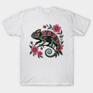 Botanical Chameleon Nature Illustration T-Shirt