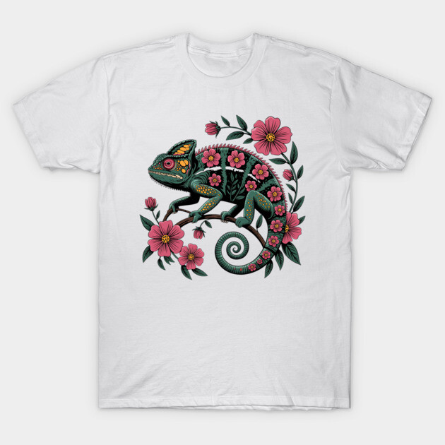 Botanical Chameleon Nature Illustration T-Shirt by BirdsnStuff
