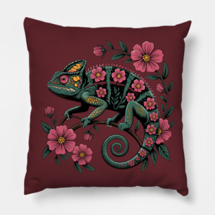 Botanical Chameleon Nature Illustration Pillow