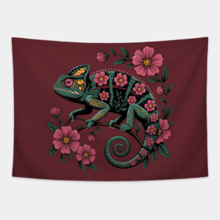 Botanical Chameleon Nature Illustration Tapestry