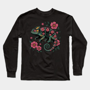 Botanical Chameleon Nature Illustration Long Sleeve T-Shirt