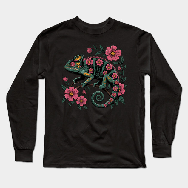 Botanical Chameleon Nature Illustration Long Sleeve T-Shirt by BirdsnStuff