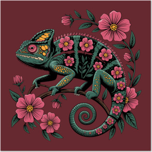 Botanical Chameleon Nature Illustration Posters and Art