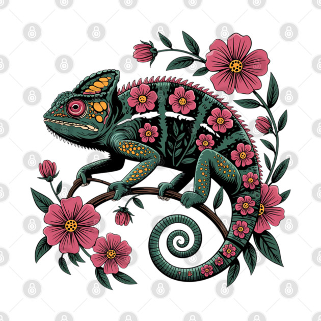 Botanical Chameleon Nature Illustration by BirdsnStuff