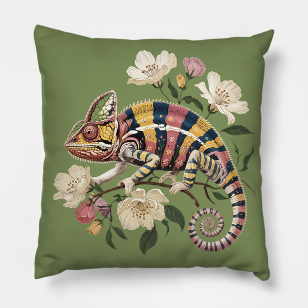 Botanical Chameleon Nature Illustration 2 Pillow by BirdsnStuff