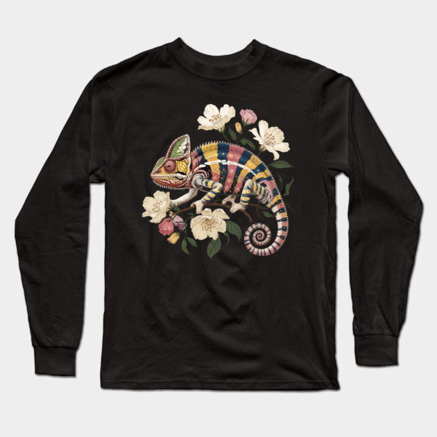 Botanical Chameleon Nature Illustration 2 Long Sleeve T-Shirt by BirdsnStuff