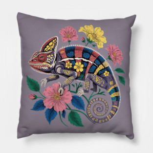 Botanical Chameleon Nature Illustration 3 Pillow
