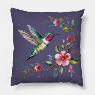 Botanical Ruby -Throated Hummingbird Nature Motif Pillow