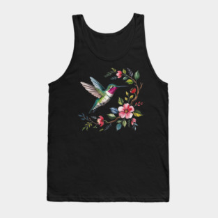 Botanical Ruby -Throated Hummingbird Nature Motif Tank Top