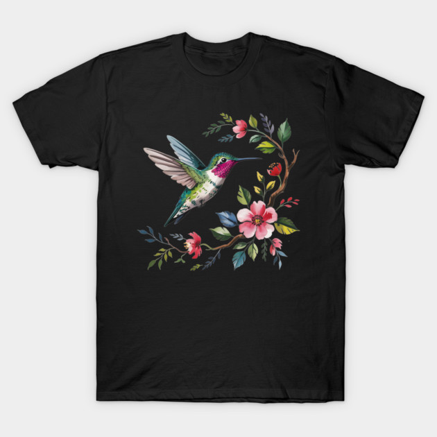 Botanical Ruby -Throated Hummingbird Nature Motif T-Shirt by BirdsnStuff
