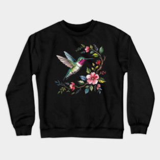 Botanical Ruby -Throated Hummingbird Nature Motif Crewneck Sweatshirt