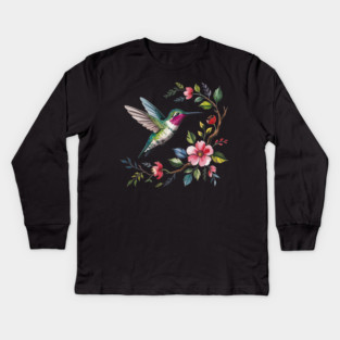 Botanical Ruby -Throated Hummingbird Nature Motif Kids Long Sleeve T-Shirt
