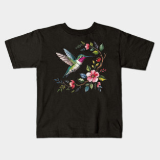 Botanical Ruby -Throated Hummingbird Nature Motif Kids T-Shirt