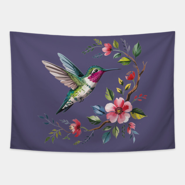 Botanical Ruby -Throated Hummingbird Nature Motif Tapestry by BirdsnStuff