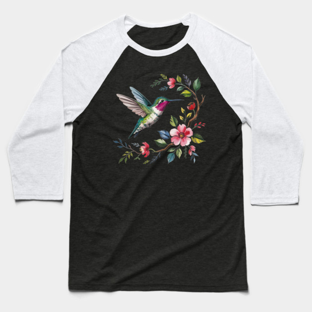 Botanical Ruby -Throated Hummingbird Nature Motif Baseball T-Shirt by BirdsnStuff