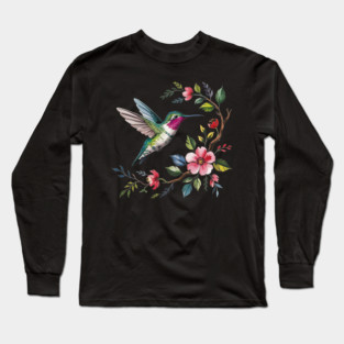 Botanical Ruby -Throated Hummingbird Nature Motif Long Sleeve T-Shirt