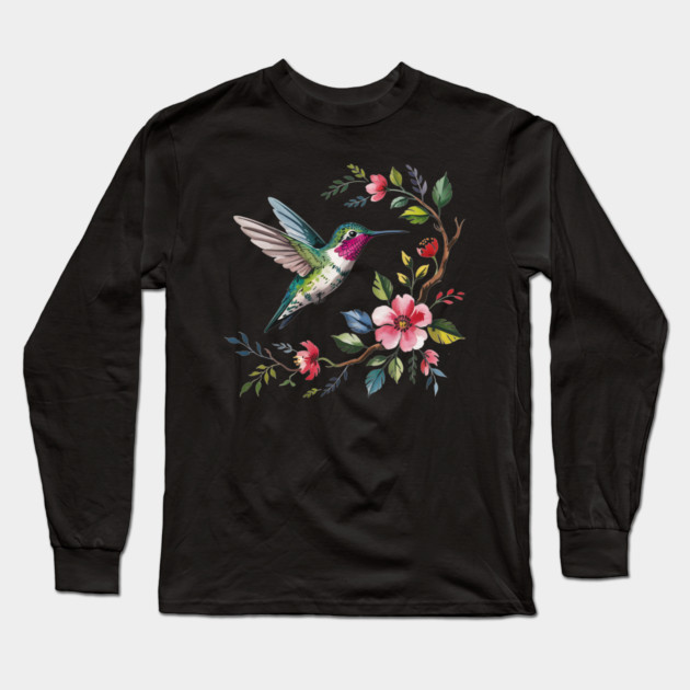 Botanical Ruby -Throated Hummingbird Nature Motif Long Sleeve T-Shirt by BirdsnStuff