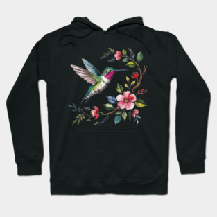 Botanical Ruby -Throated Hummingbird Nature Motif Hoodie