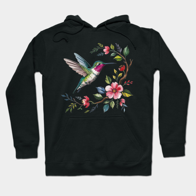 Botanical Ruby -Throated Hummingbird Nature Motif Hoodie by BirdsnStuff