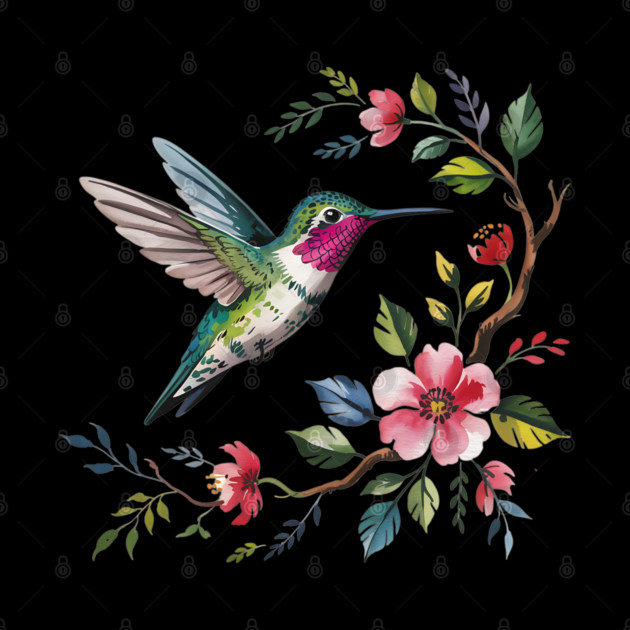 Botanical Ruby -Throated Hummingbird Nature Motif by BirdsnStuff